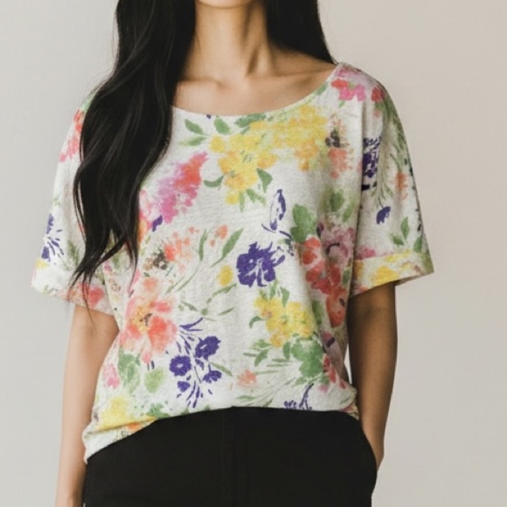 Linen Lauren Ralph Lauren Womens PS Petite Multicolor Floral Short Sleeve Top